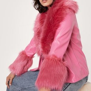 Faux Fur Trimmed Faux Leather Blazer PINK